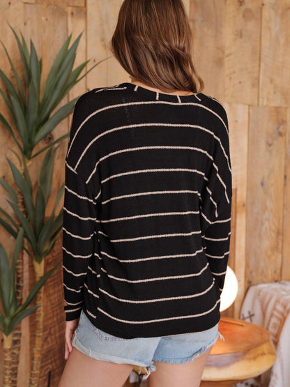 Blu Pepper Stripe V Neck Knit Top - Black