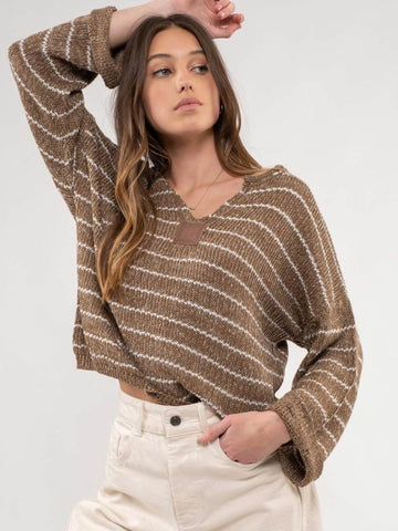 Zariyah Striped Drop Shoulder Knit Sweater - Brown