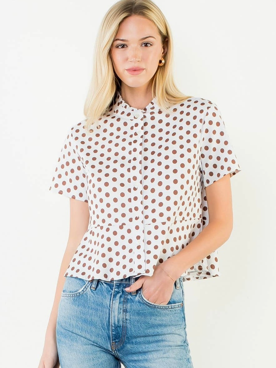 THML Short Sleeve Polka Dot Button Down Top – White