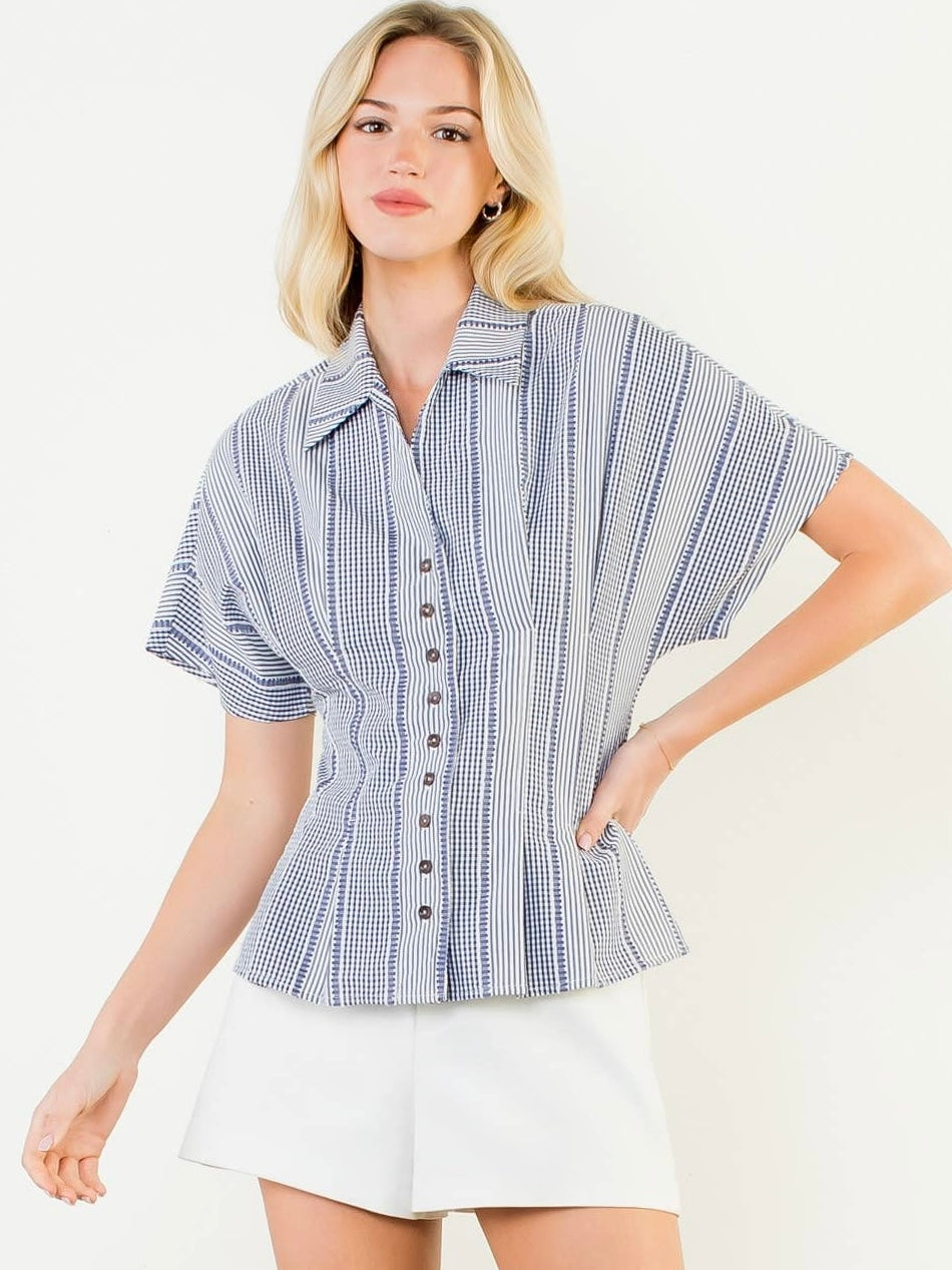 THML Short Sleeve Stripes Gingham Button Up Top – Navy