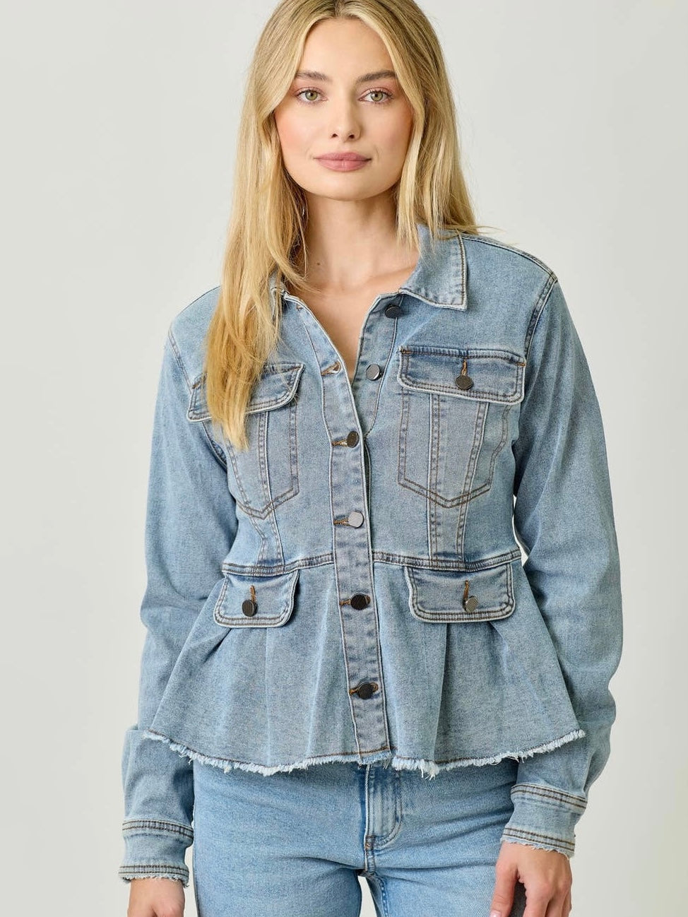 Mystree Washed Denim Peplum Jacket - Washed Denim