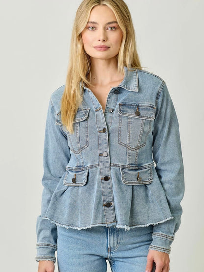 Mystree Washed Denim Peplum Jacket - Washed Denim