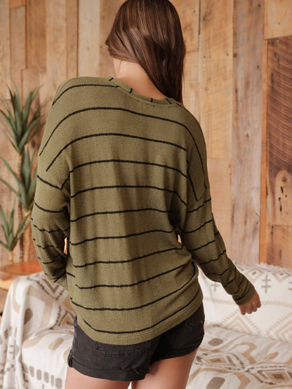 Blu Pepper Stripe V Neck Knit Top - Olive