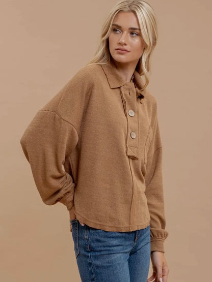 Blu Pepper Collared Raw Edge Knit Top - Almond