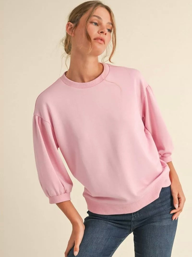 Jodifl Solid Sweatshirt Top With U-neck 3/4 Sleeves - Pink
