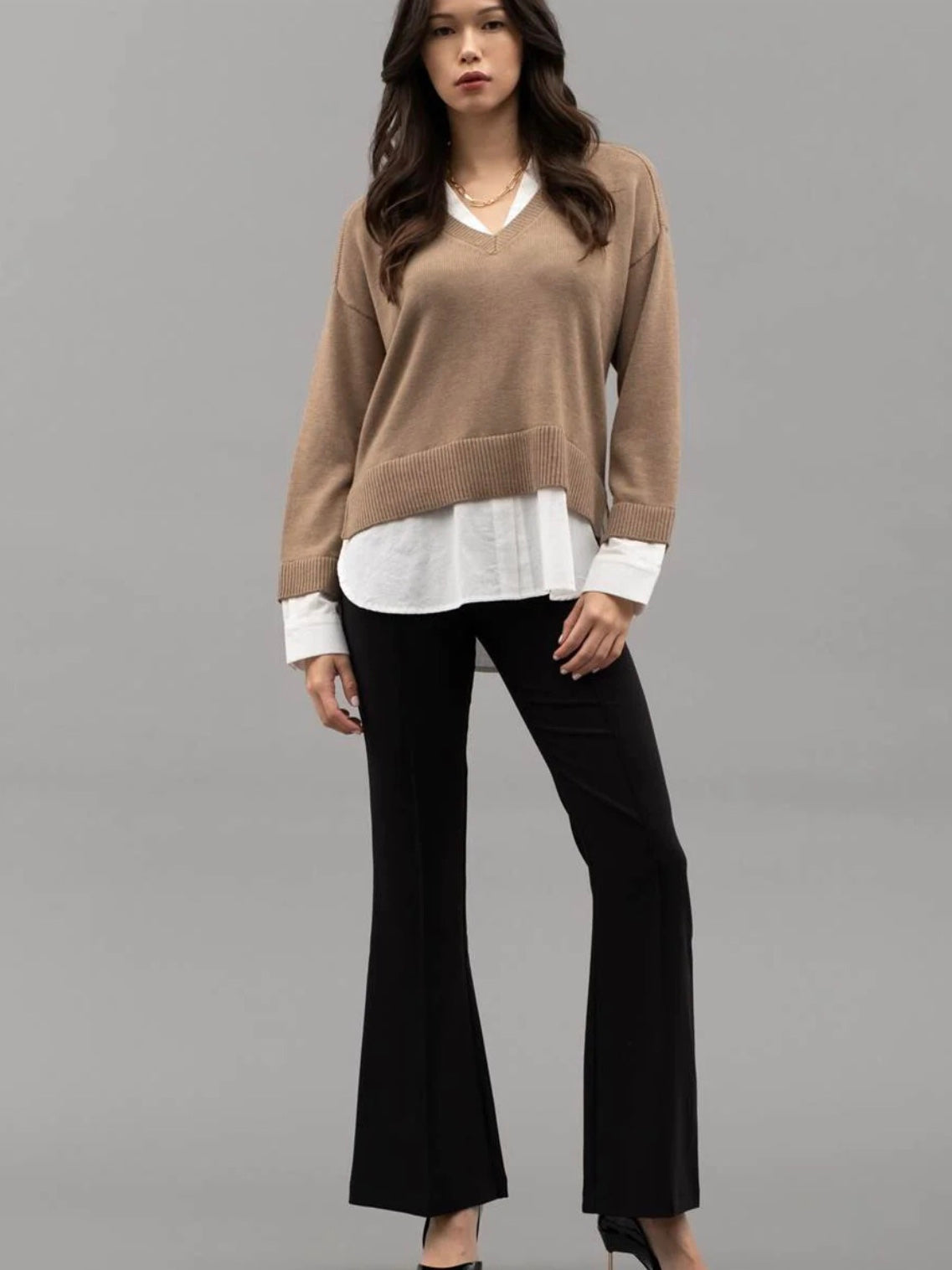 Bridget Layered V Neck Long Sleeve Sweater - Tan