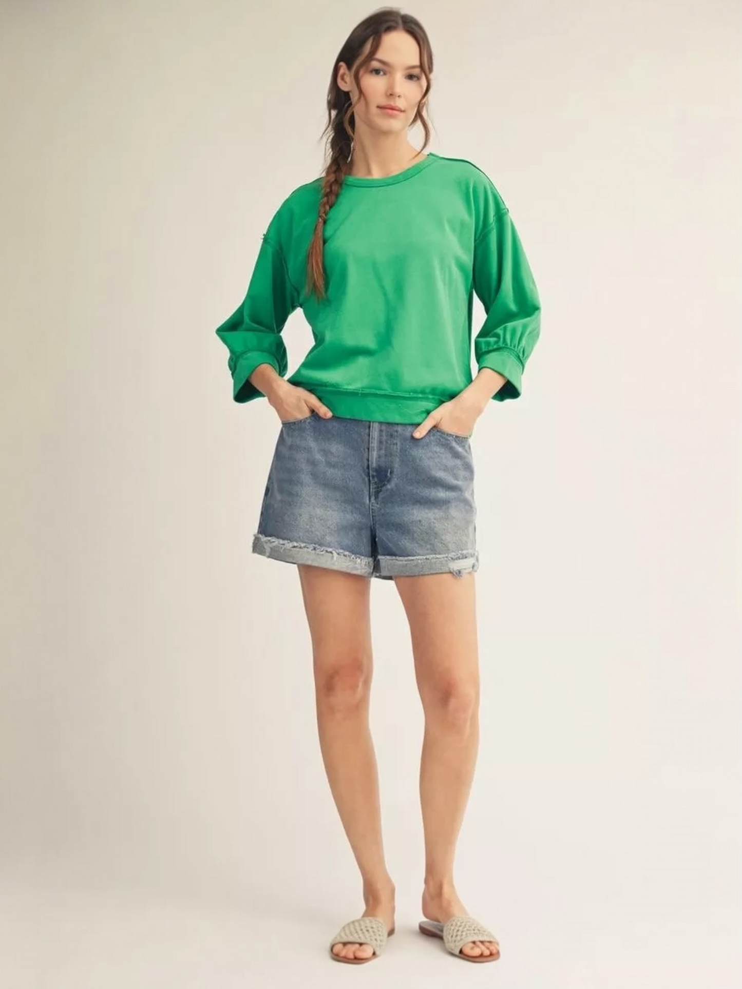 Jodifl Washed Cotton Drop Shoulder Casual Top – Green