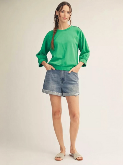 Jodifl Washed Cotton Drop Shoulder Casual Top – Green