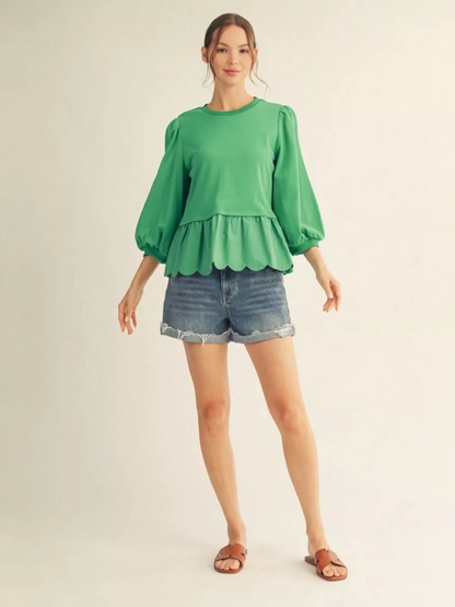 Jodifl Peplum Puff Sleeve Scallop Hem Top – Green