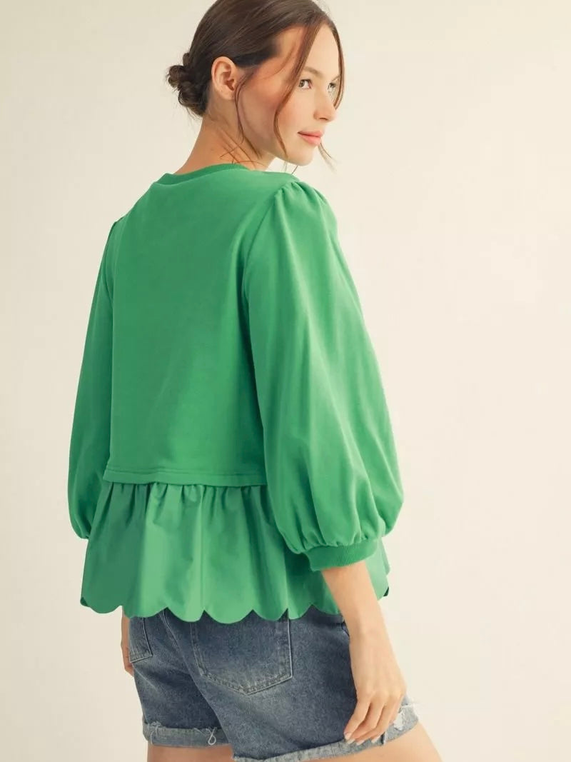 Jodifl Peplum Puff Sleeve Scallop Hem Top – Green