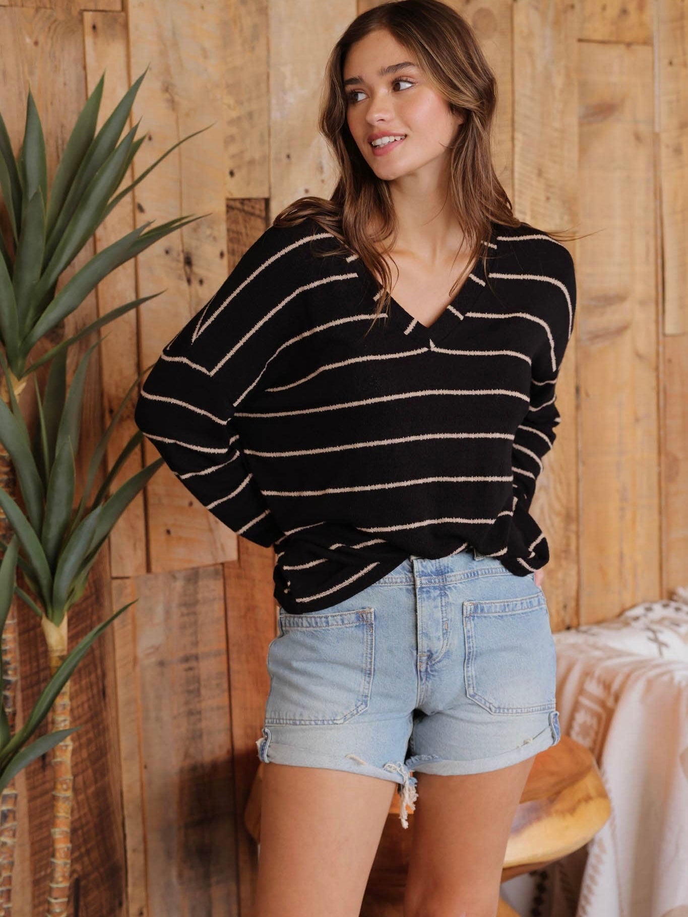 Blu Pepper Stripe V Neck Knit Top - Black