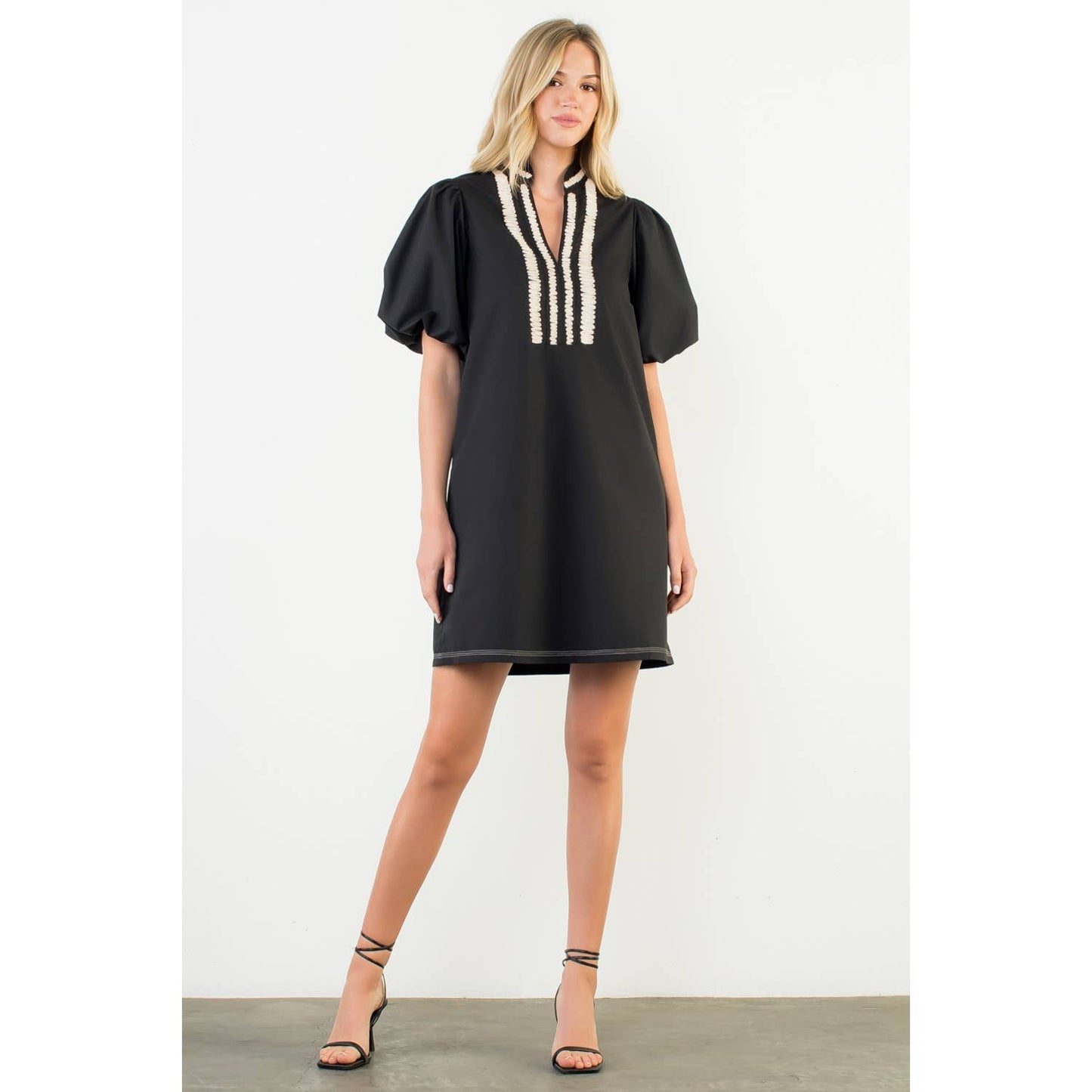 THML Puff Sleeve Embroidered Textured Dress – Black