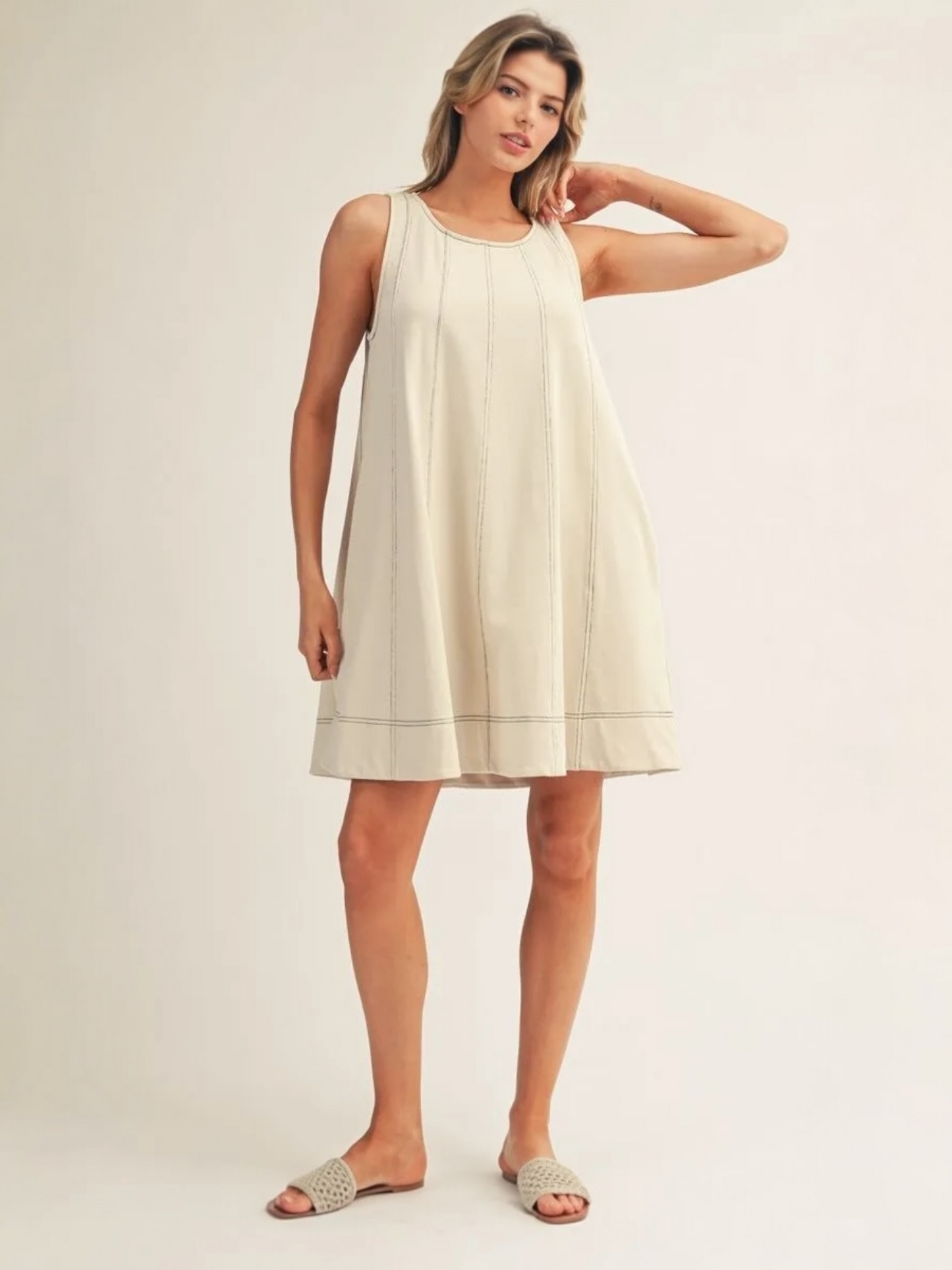 Jodifl Washed Fabric Sleeveless Swing Dress with Pockets – Stone