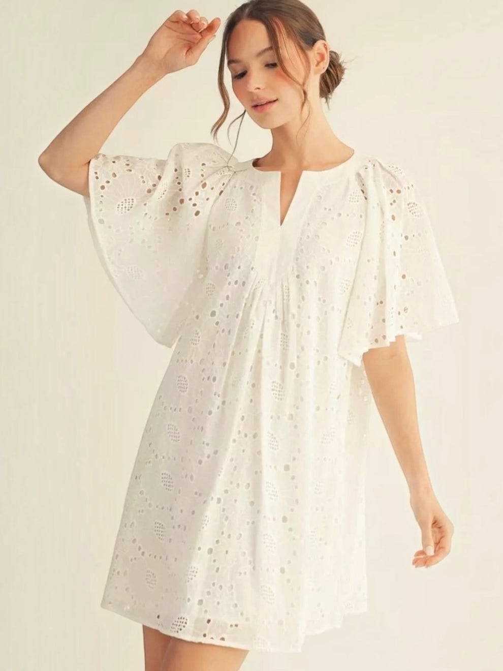 Jodifl Eyelet Embroidered Flutter Sleeve Dress – Off White Large / Off White