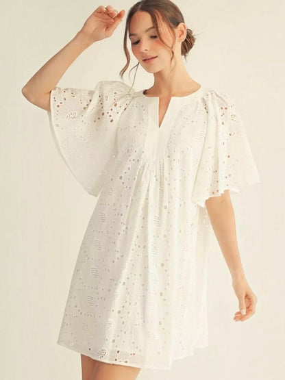 Jodifl Eyelet Embroidered Flutter Sleeve Dress with Pockets – Off White
