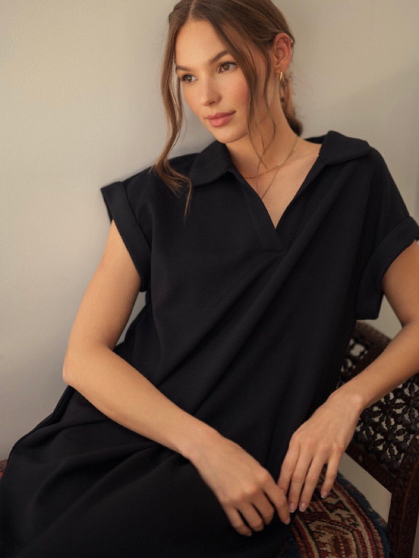 Jodifl Solid Midi Dress With Open Collared Neck - Black