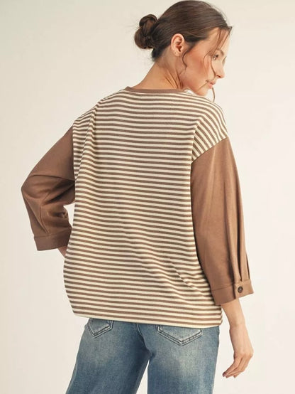 Jodifl 3/4 Sleeve Stripe Casual Top with Drop Shoulder & Pleat Detail – Taupe