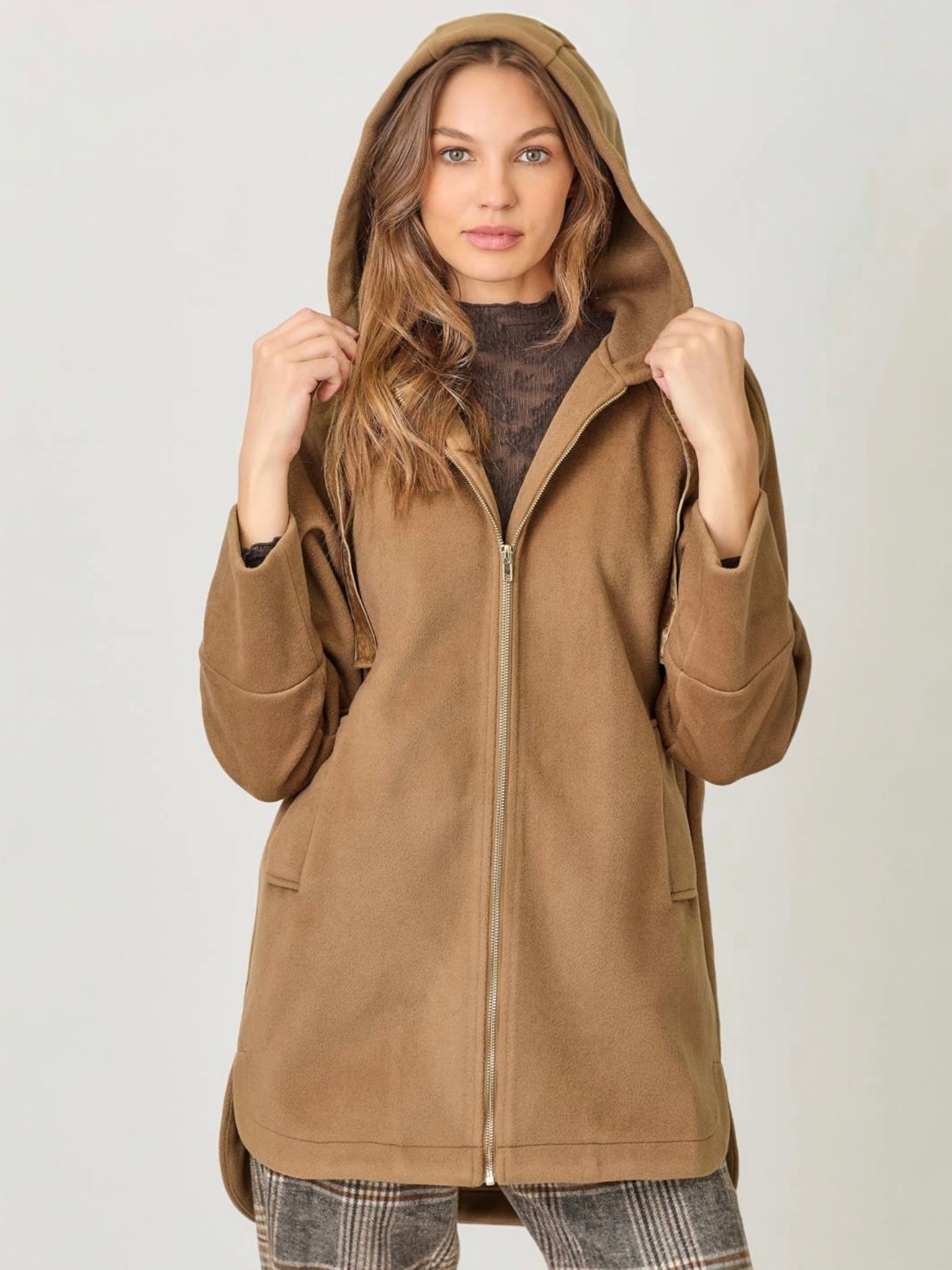 Mystree Hoodie Zip-Up Coat - Camel