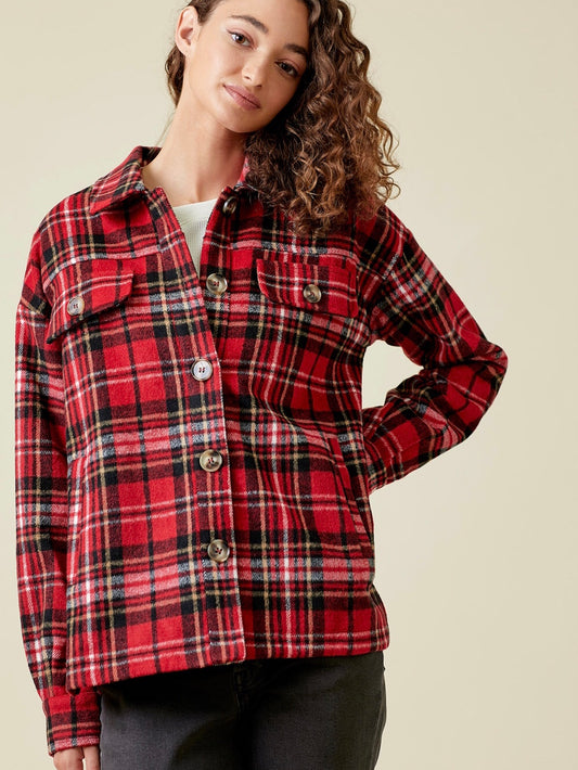 Angie Plaid Button Down Shacket - Red