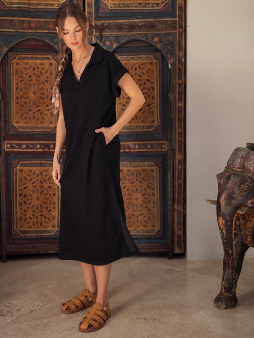 jodifl midi dress Jodifl Solid Midi Dress With Open Collared Neck