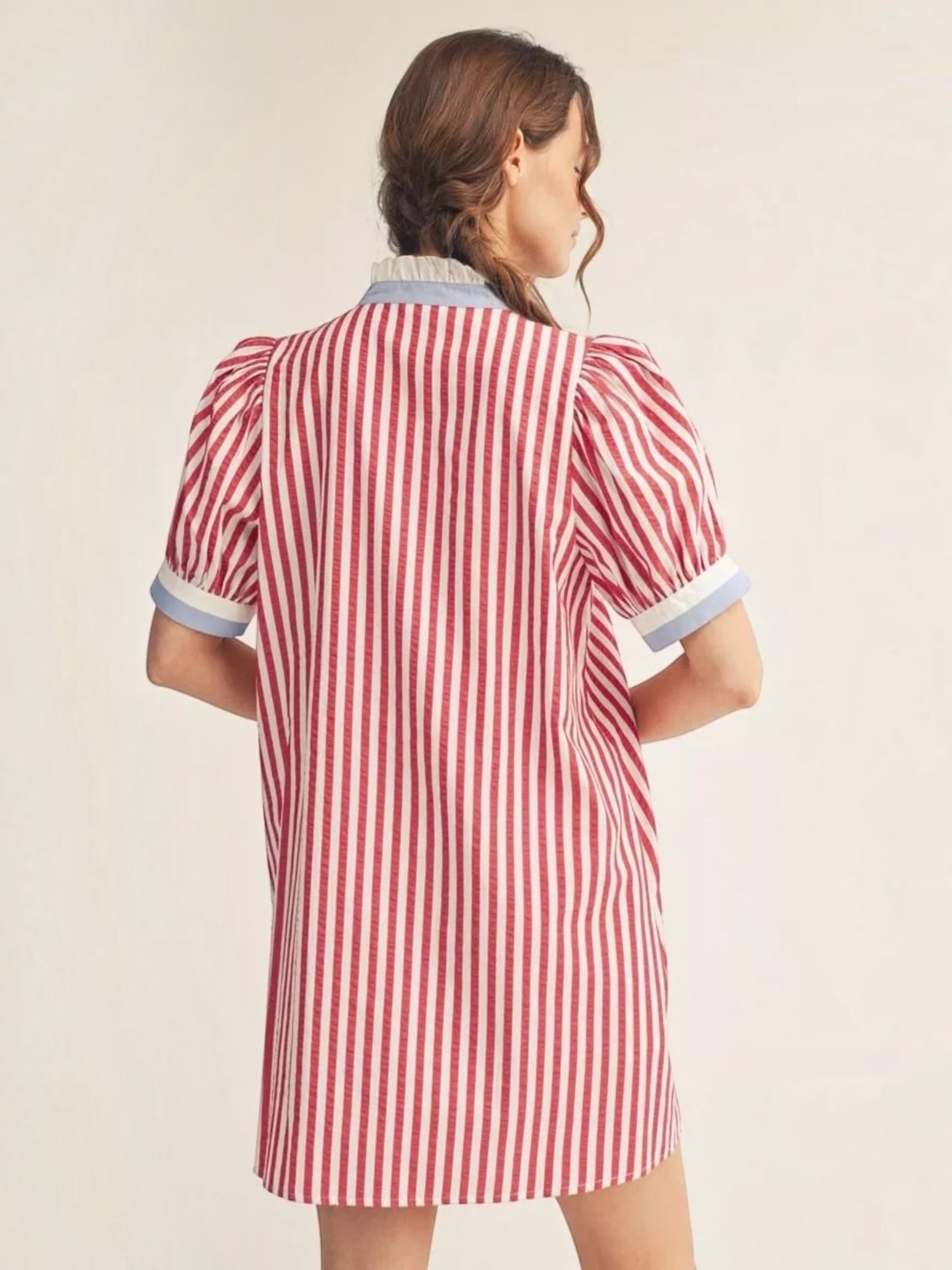 Jodifl Stripe Button Front Shift Dress with Blue Contrast Trim – Red