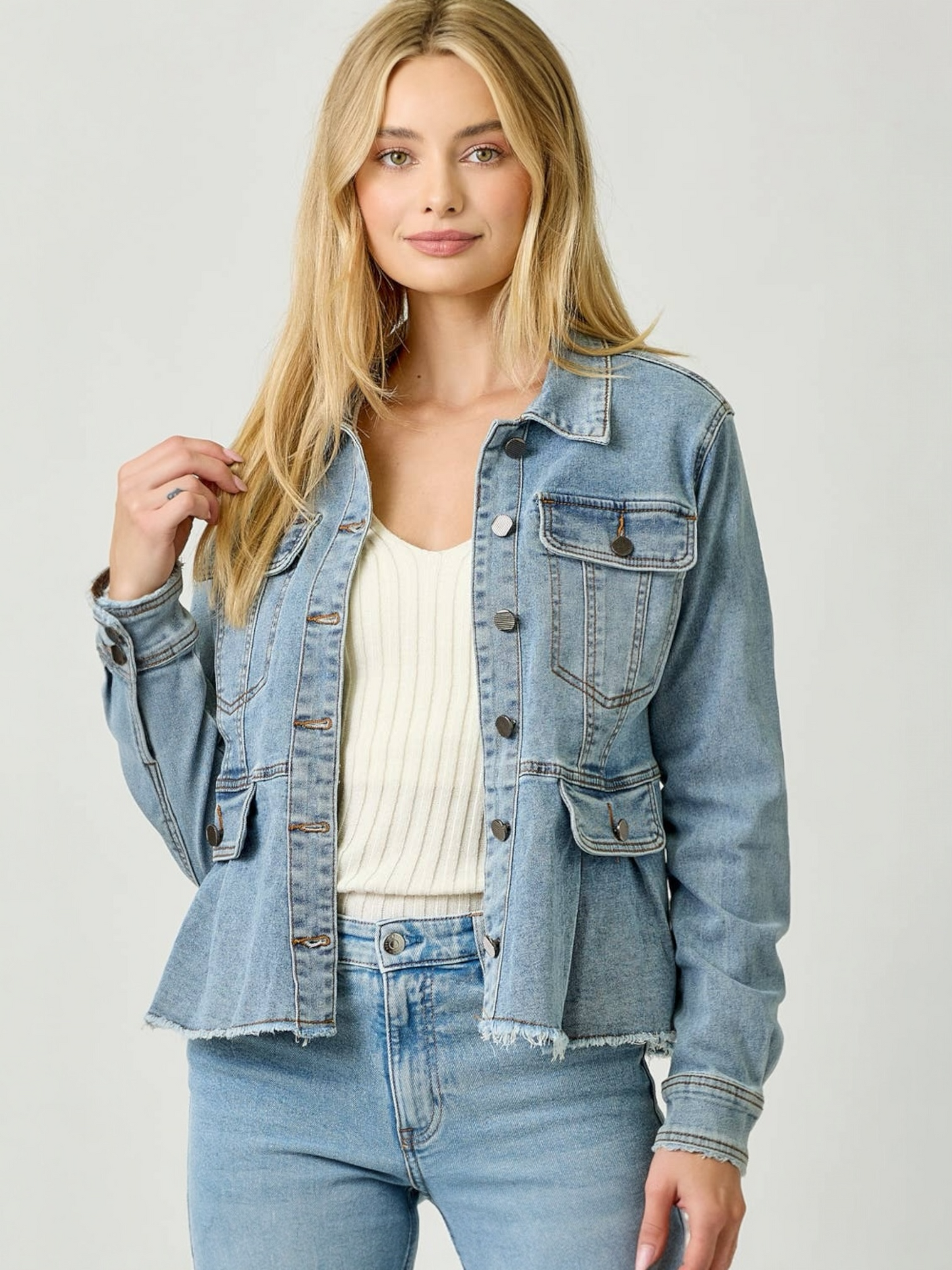 Mystree Washed Denim Peplum Jacket - Washed Denim