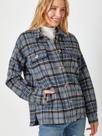 Angie Plaid Button Down Shacket - Grey