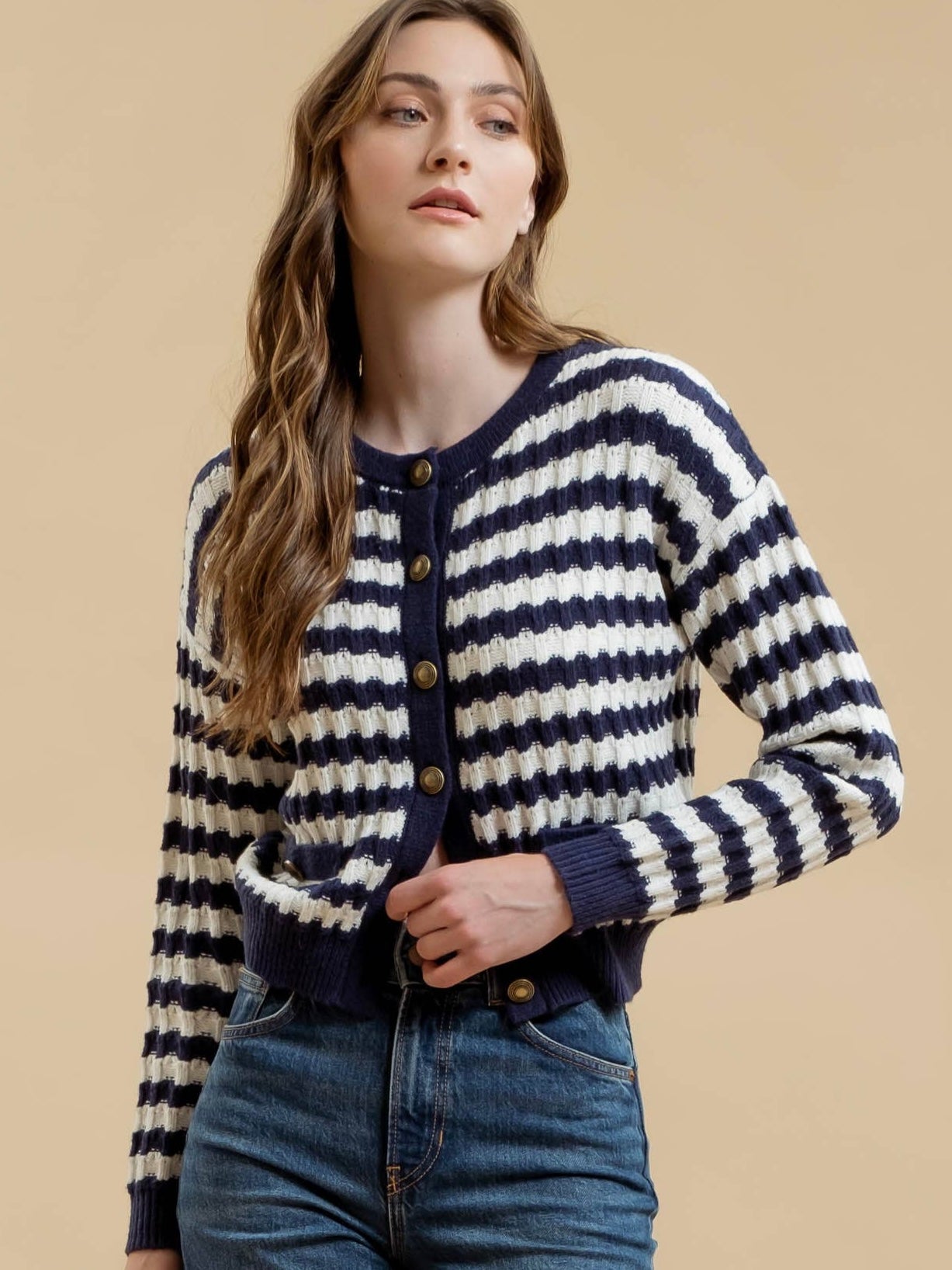 Blu Pepper Stripe Crew Neck Knit Cardigan - Navy