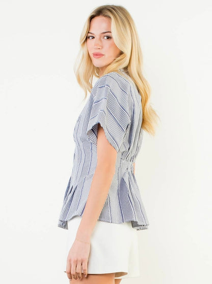 THML Short Sleeve Stripes Gingham Button Up Top – Navy