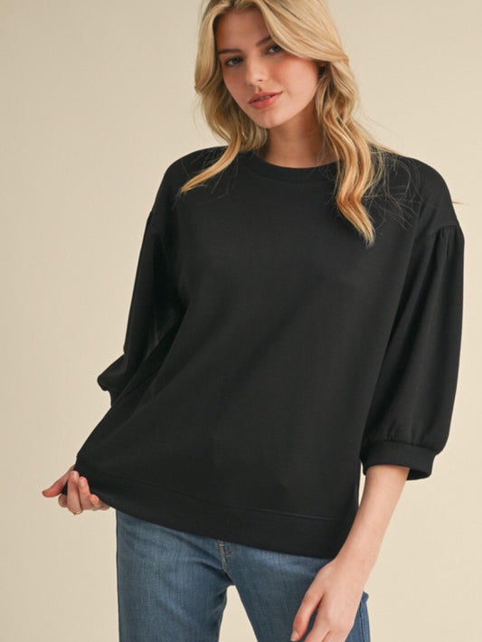 Jodifl Solid Sweatshirt Top With U-neck 3/4 Sleeves - Black