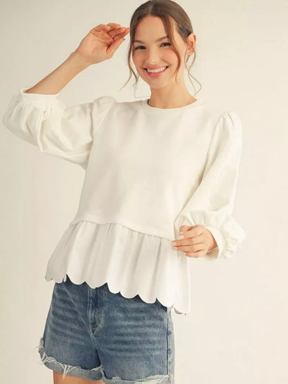 Jodifl Peplum Puff Sleeve Scallop Hem Top – Off White