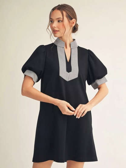 Jodifl Puff Sleeve Shift Dress with Stripe Contrast Accent – Black