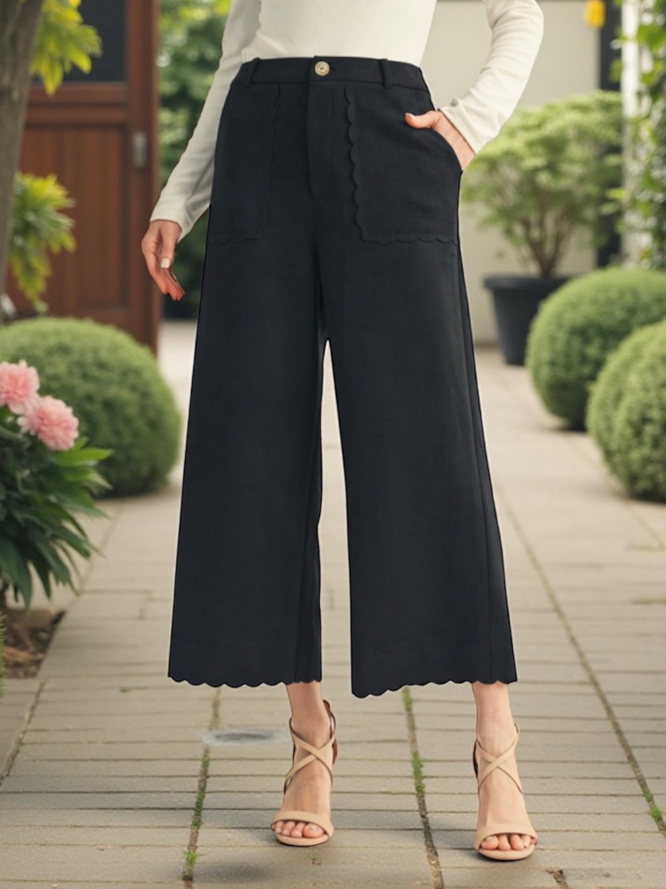 Jodifl Wide Leg Faux Suede Pant with Scallop Edge Accent - Black