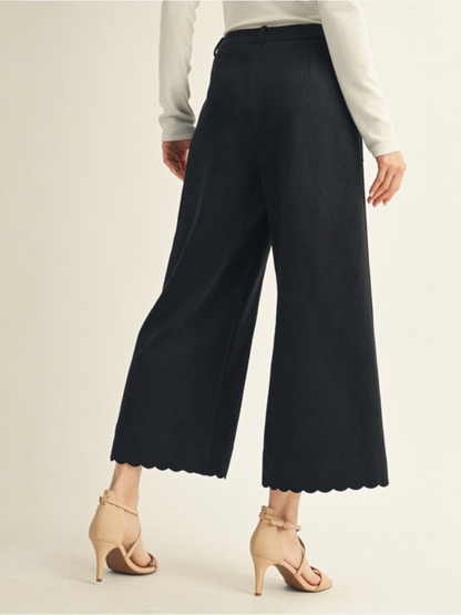 Jodifl Wide Leg Faux Suede Pant with Scallop Edge Accent - Black