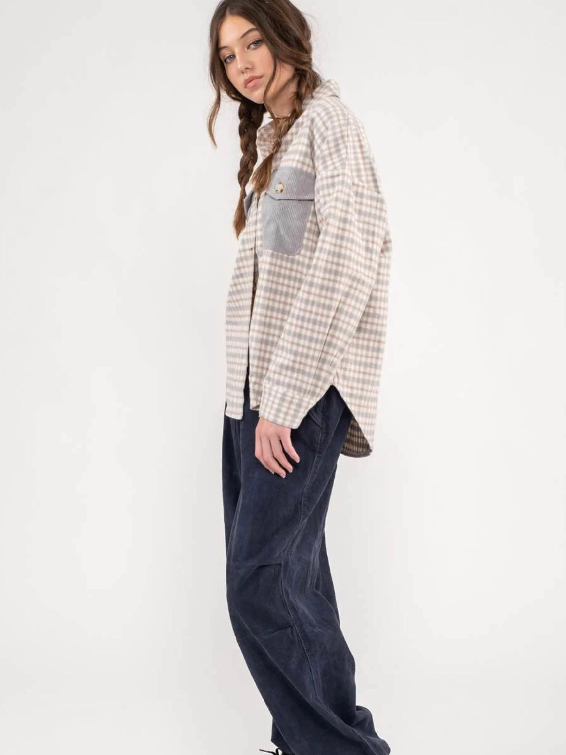 Kori Relaxed Contrast Plaid Shacket - Grey Multi