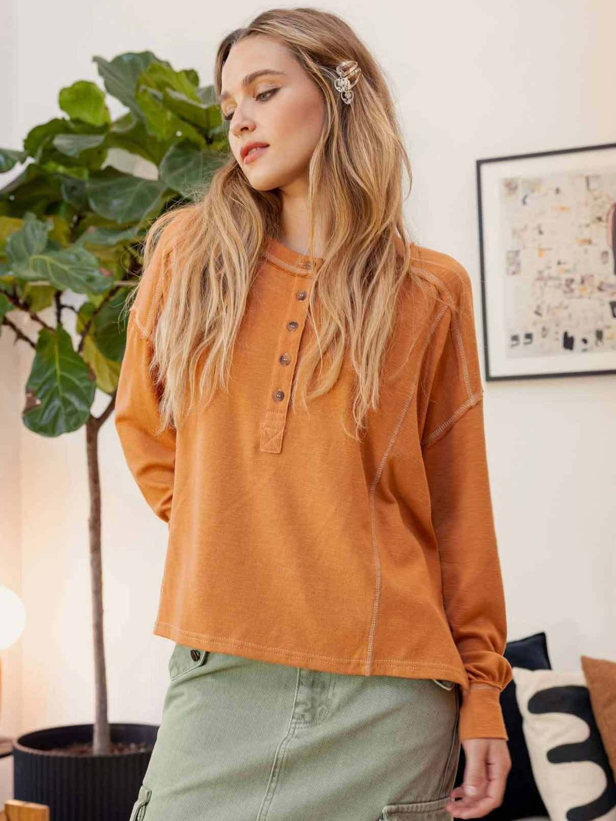 Blu Pepper Contrast Stitch Long Sleeve Henley Knit Top - Rust