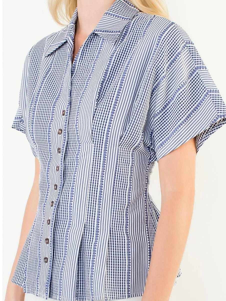THML Short Sleeve Stripes Gingham Button Up Top – Navy