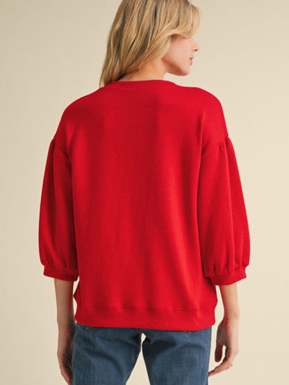 Jodifl Solid Sweatshirt Top With U-neck 3/4 Sleeves - Red
