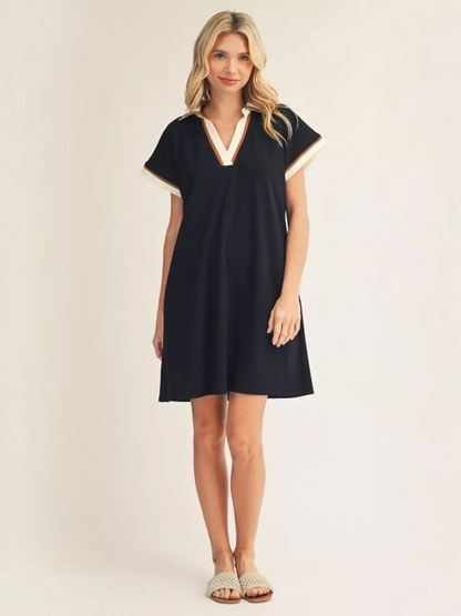 Jodifl Drop Shoulder Contrast Accent Casual Dress – Black Mix