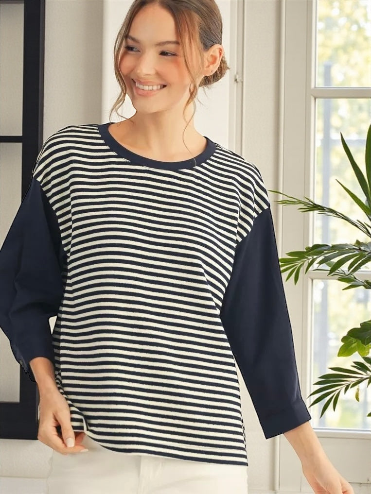 Jodifl 3/4 Sleeve Stripe Casual Top with Drop Shoulder & Pleat Detail – Navy