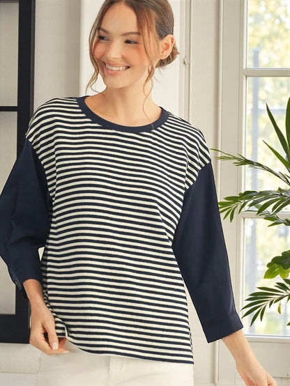 Jodifl 3/4 Sleeve Stripe Casual Top with Drop Shoulder & Pleat Detail – Navy