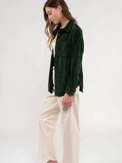 Brylee Corduroy Button Up Jacket - Hunter Green