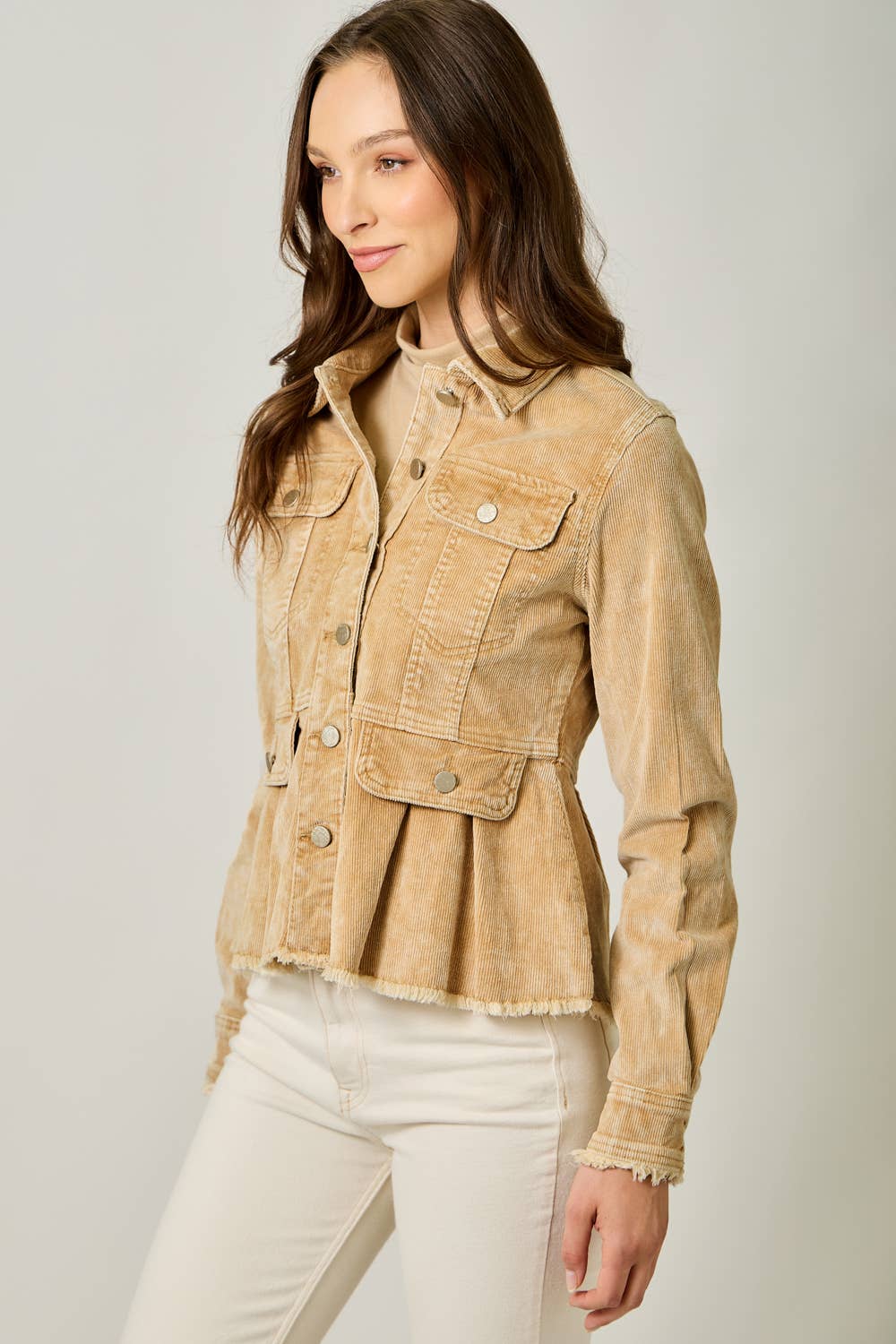 Mystree Washed Corduroy Peplum Jacket - Washed Honey
