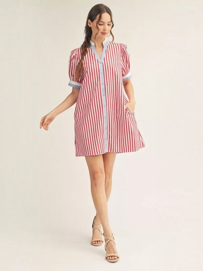 Jodifl Stripe Button Front Shift Dress with Blue Contrast Trim – Red