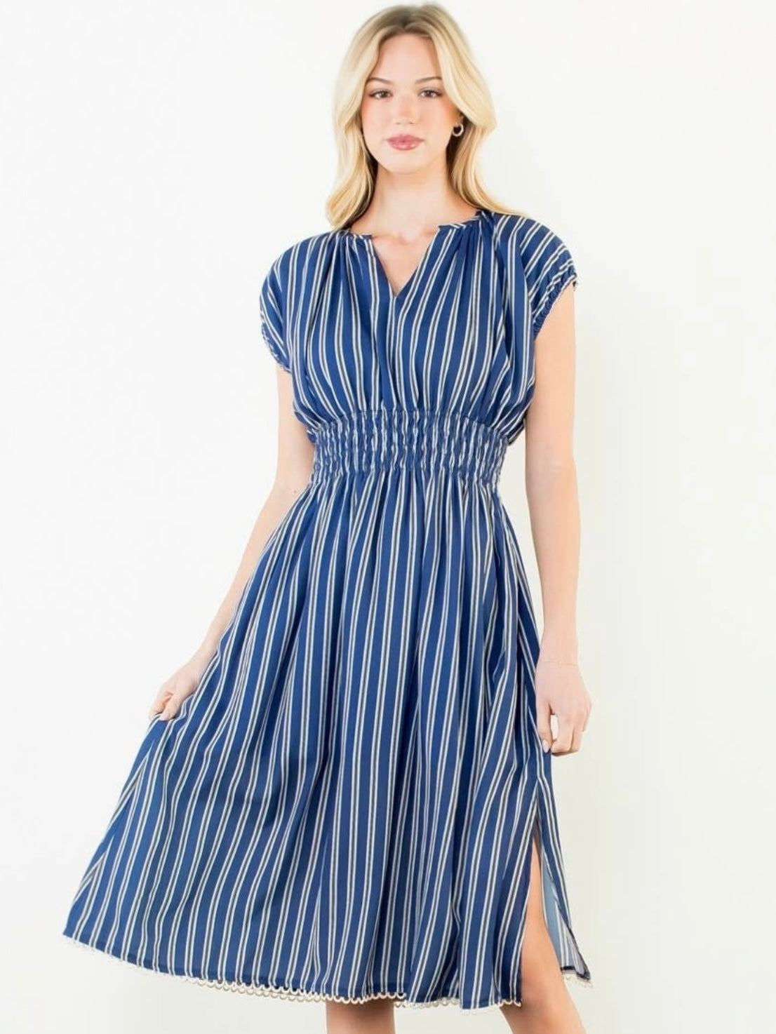 THML Striped Smocked Waist Dress – Navy