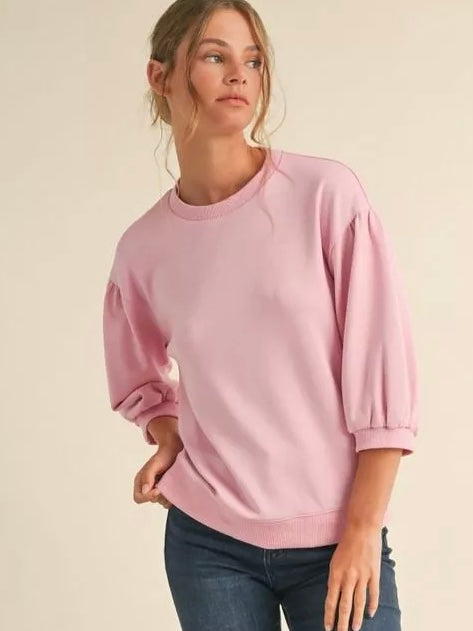 Jodifl Solid Sweatshirt Top With U-neck 3/4 Sleeves - Pink