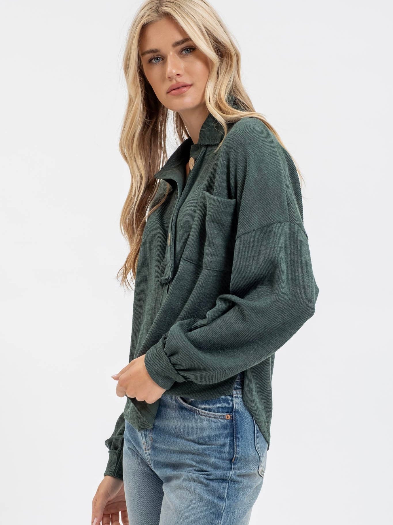 Blu Pepper Collared Raw Edge Knit Top - Forest Green