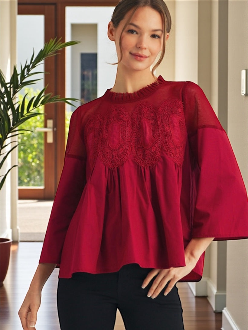 Jodifl 3/4 Sleeves Top With Contrast Crochet Accent - Burgundy