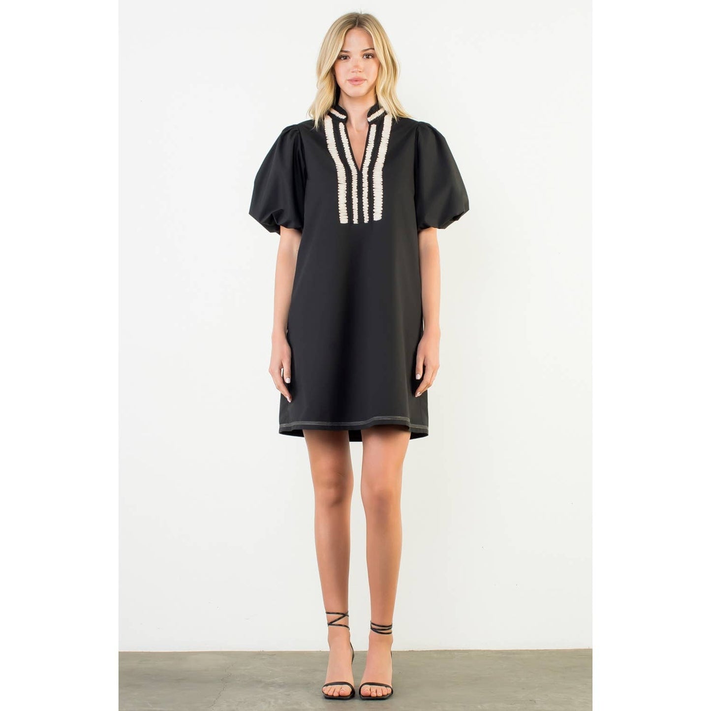 THML Puff Sleeve Embroidered Textured Dress – Black