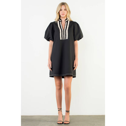 THML Puff Sleeve Embroidered Textured Dress – Black